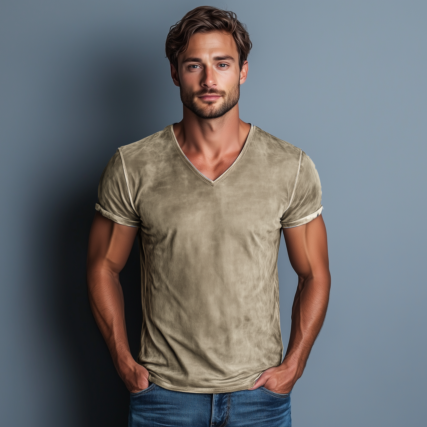 Men's Classic Casual Thin Suede Washed Distressed V-neck Slim Short-sleeved T-shirt MTA1920G5K
