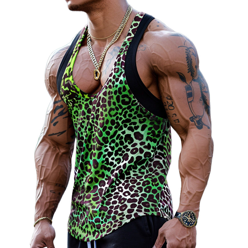 Men's Sexy U-Neck Leopard Print Cotton Blend Patchwork Tank Top 03756297M