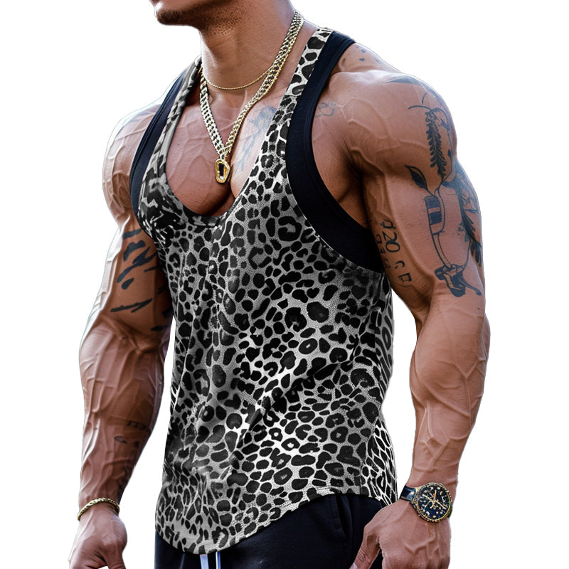 Men's Sexy U-Neck Leopard Print Cotton Blend Patchwork Tank Top 03756297M