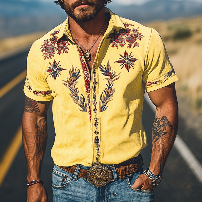 【24-hour shipping out】Men's Spring/Summer Fashion Retro Western Style Suede Embroidered Short Sleeve Shirt MTA1533D2K