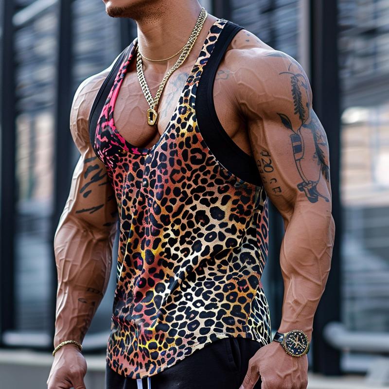 Men's Sexy U-Neck Leopard Print Cotton Blend Patchwork Tank Top 03756297M
