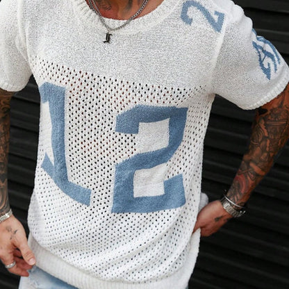 【24-hour shipping out】Men's Sport Lettering Jacquard Crew Neck Short Sleeve Sweater T-Shirt  MTA1856C1X
