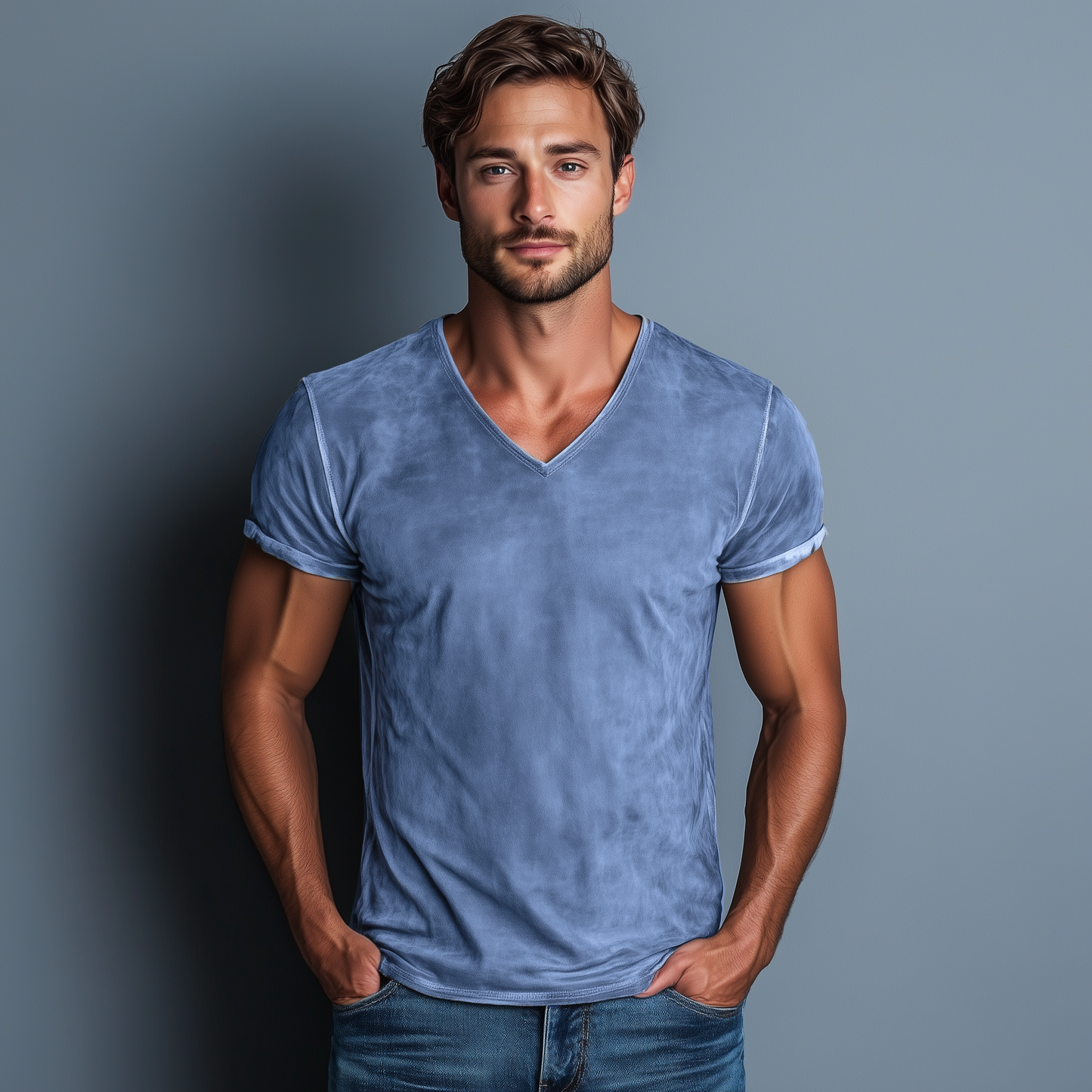 Men's Classic Casual Thin Suede Washed Distressed V-neck Slim Short-sleeved T-shirt MTA1920G5K