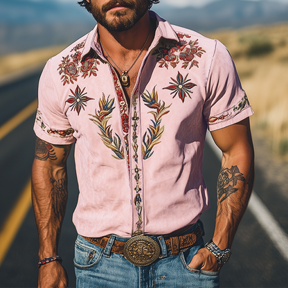 【24-hour shipping out】Men's Spring/Summer Fashion Retro Western Style Suede Embroidered Short Sleeve Shirt MTA1533D2K