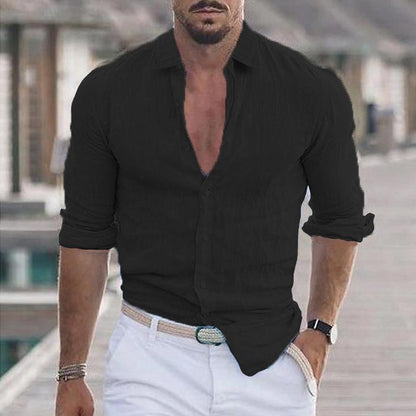 Men's Casual Solid Color Lapel Cotton Blend Long Sleeve Shirt 21280669Y