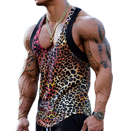 Men's Sexy U-Neck Leopard Print Cotton Blend Patchwork Tank Top 03756297M