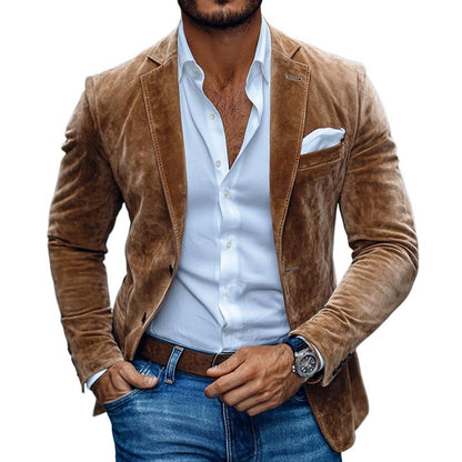 【24-hour shipping out】Men's Fashion Solid Suede Notch Lapel Two Buttons Casual Blazer 01543684Z