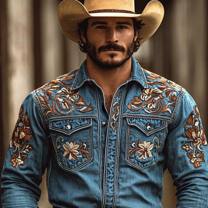 【24-hour shipping out】Men's Western Cowboy Style Embroidered Lapel Chest Pocket Long Sleeve Denim Shirt 00380923Z